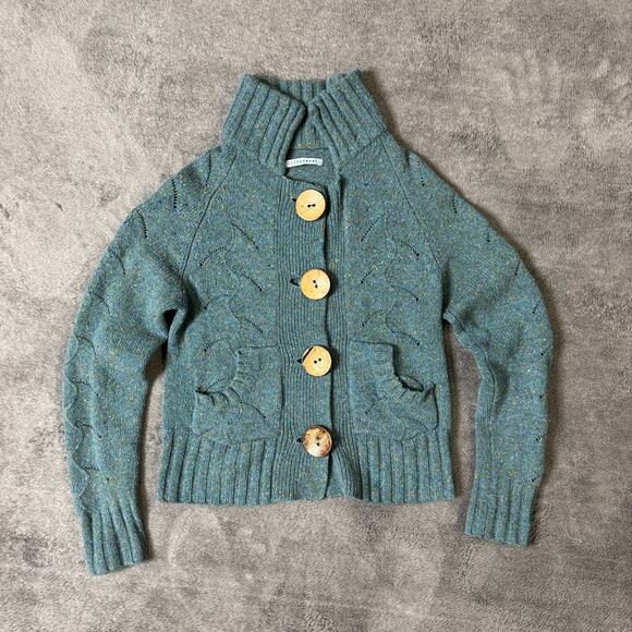 Lily McNeal Sweaters - Lily McNeal Wool Cashmere Sweater Cardigan L Blue Chunky Knit Speckled Button Up